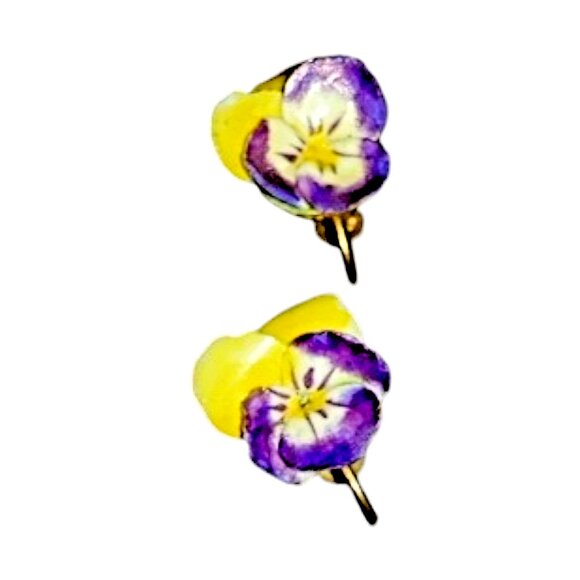 Vintage Made In England Marked Purple Pansy Earrings Screw Back Drop Bone China - Picture 2 of 9